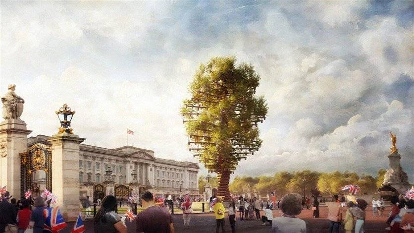 بمناسبة يوبيل الملكة إليزابيث البلاتيني.. منحوتة عملاقة من 350 شجرة أمام قصر باكنغهام